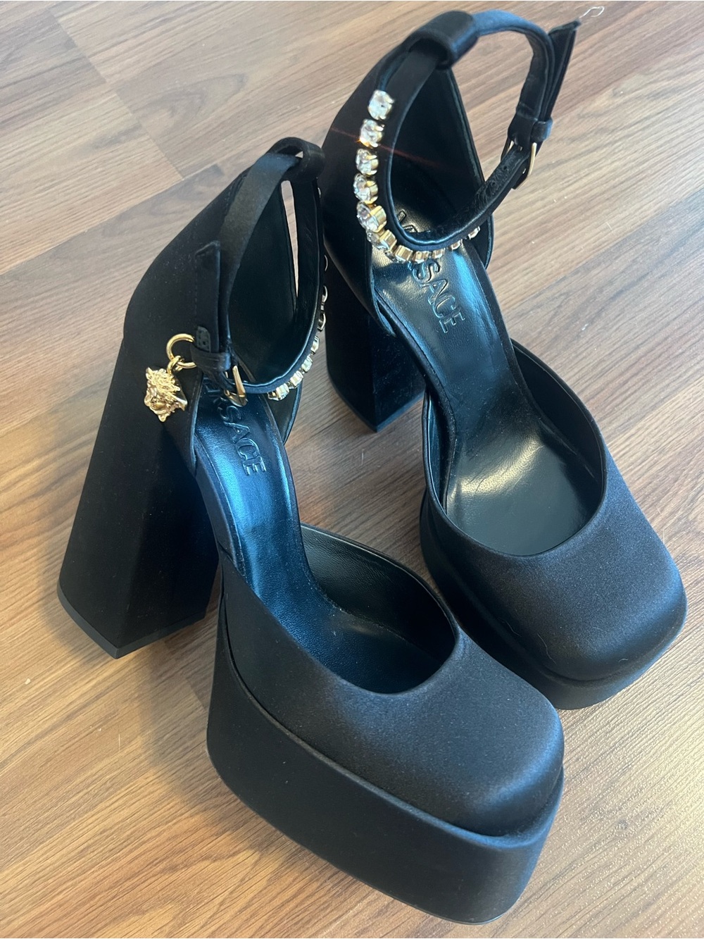 Authentic New Versace Medusa Black Platform Crystal Ankle-Strap w/ Gold Charm